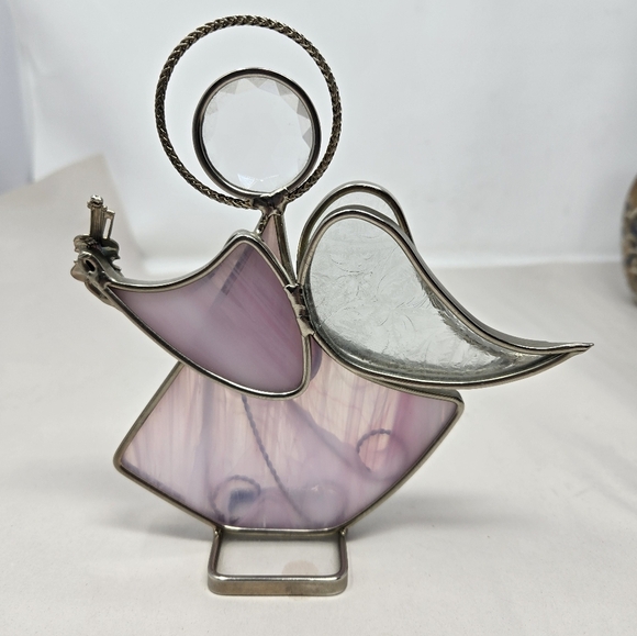 Pink Stain Glass Angel Holding A Violin Metal & Glass Figurine **FLAW** - Picture 3 of 10
